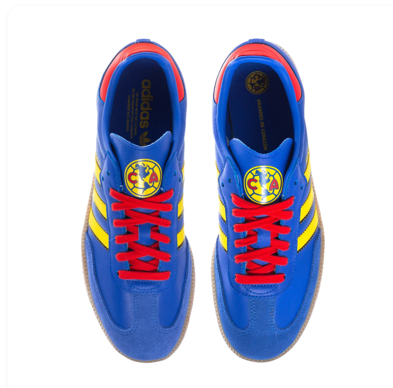 Adidas Samba OG × Club América 'Royal Blue & Yellow' Blue Leather Upper, Yellow 3-Stripes & SAMBA Lettering, Red Round Laces, Red Heel Pull, Club América Crest, Blue Suede T-Toe & Gum Outsole Limited Edition Football Club Collaboration Lifestyle Sneakers