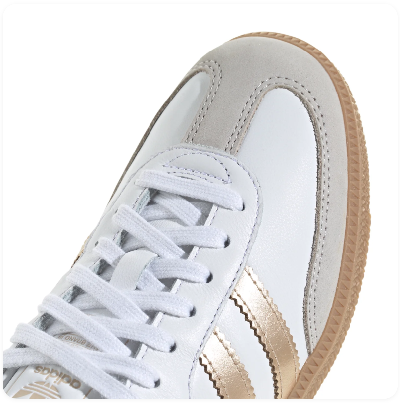 Adidas Samba OG 'Cloud White & Gold Metallic' White Leather, Clear Granite Suede Toe Cap, Gold Metallic 3-Stripes, White Heel Tab, Blue OG Tongue Label & Gum Outsole Elegant Luxe Retro Football Lifestyle Sneakers
