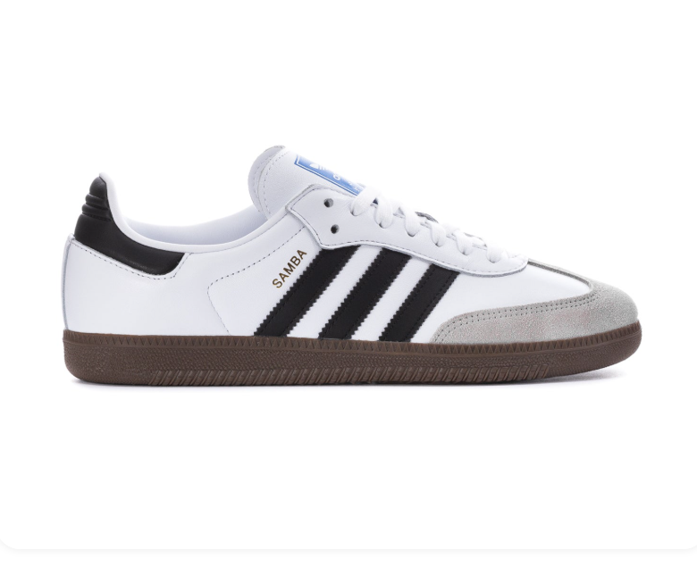 Adidas Samba OG 'Cloud White & Core Black' White Leather, Black 3-Stripes, Clear Granite Suede Toe Cap, Blue OG Tongue Label & Gum Outsole Iconic Retro Football Lifestyle Sneakers