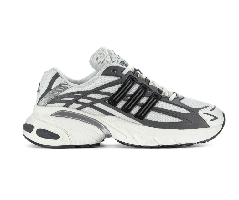 Adidas Adistar Cushion 'Cloud White & Grey Four' White Mesh Upper, Grey TPU Exoskeleton Frame, Black 3D 3-Stripes, Silver Metallic Accents & Chunky Off-White EVA Midsole Clean Y2K Retro Running Lifestyle Sneakers