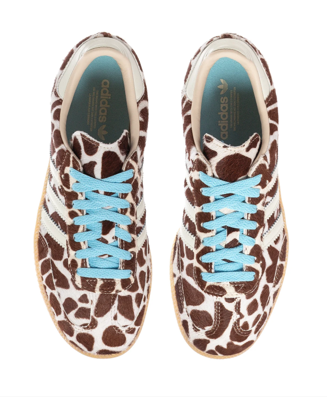 Adidas Handball Spezial 'Giraffe' Brown & Cream Giraffe Print Pony Hair Upper, White 3-Stripes, Turquoise Round Laces, Silver Heel Counter & Gum Rubber Outsole Wild Animal Print Heritage Handball Lifestyle Sneakers