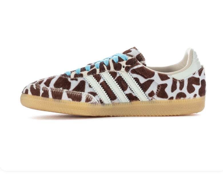 Adidas Handball Spezial 'Giraffe' Brown & Cream Giraffe Print Pony Hair Upper, White 3-Stripes, Turquoise Round Laces, Silver Heel Counter & Gum Rubber Outsole Wild Animal Print Heritage Handball Lifestyle Sneakers