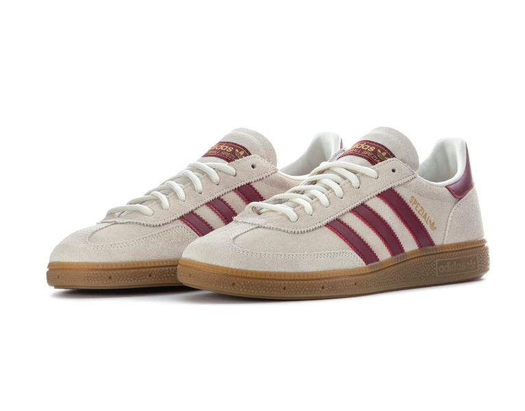 Adidas Handball Spezial 'Cream White & Collegiate Burgundy' Cream Suede Upper, Burgundy 3-Stripes & Heel Collar, White Round Laces, Gold SPEZIAL Lettering & Gum Rubber Outsole Vintage Autumn Heritage Handball Lifestyle Sneakers