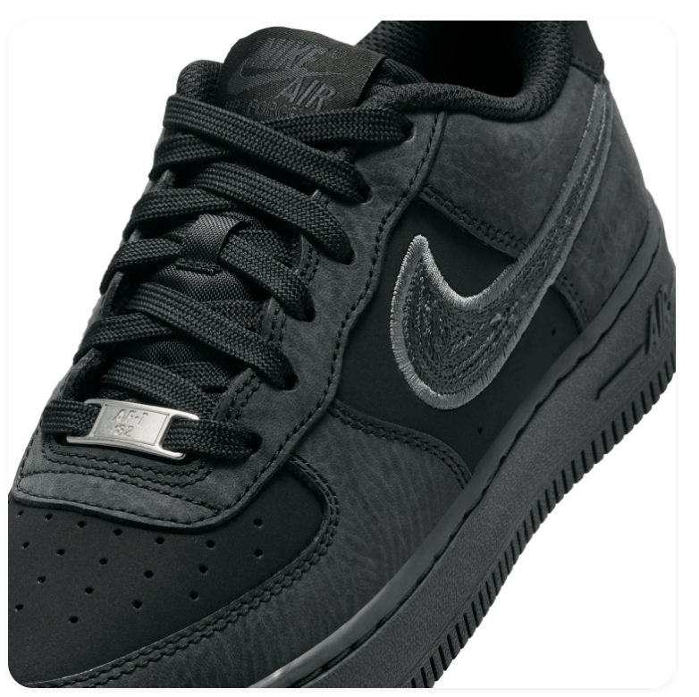 Nike Air Force 1 Low GS 'Triple Black / Anthracite' All-Black Suede, Anthracite Swoosh, Metal AF1 Dubrae & Full Black Midsole Outsole Kids' Stealth Sneakers