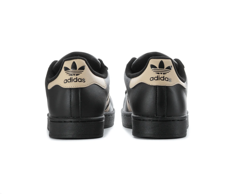 Adidas Superstar 'Core Black & Sand Strata' Black Leather Upper, Sand Strata 3-Stripes & Heel Tab, Black Shell Toe, Black Round Laces & Black Rubber Outsole Tonal Urban Heritage Lifestyle Sneakers
