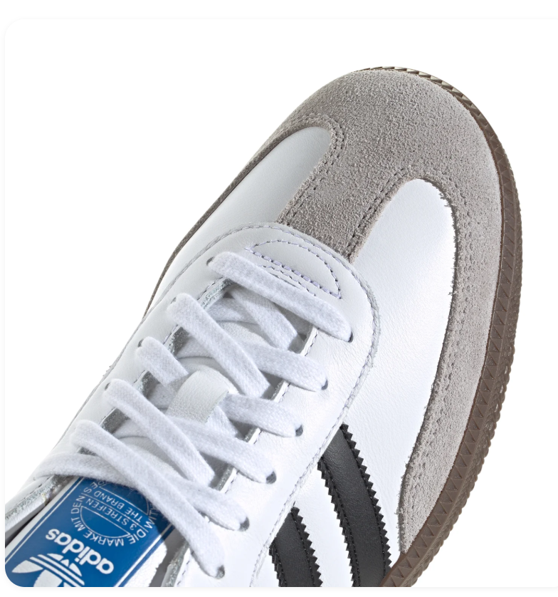 Adidas Samba OG 'Cloud White & Core Black' White Leather, Black 3-Stripes, Clear Granite Suede Toe Cap, Blue OG Tongue Label & Gum Outsole Iconic Retro Football Lifestyle Sneakers