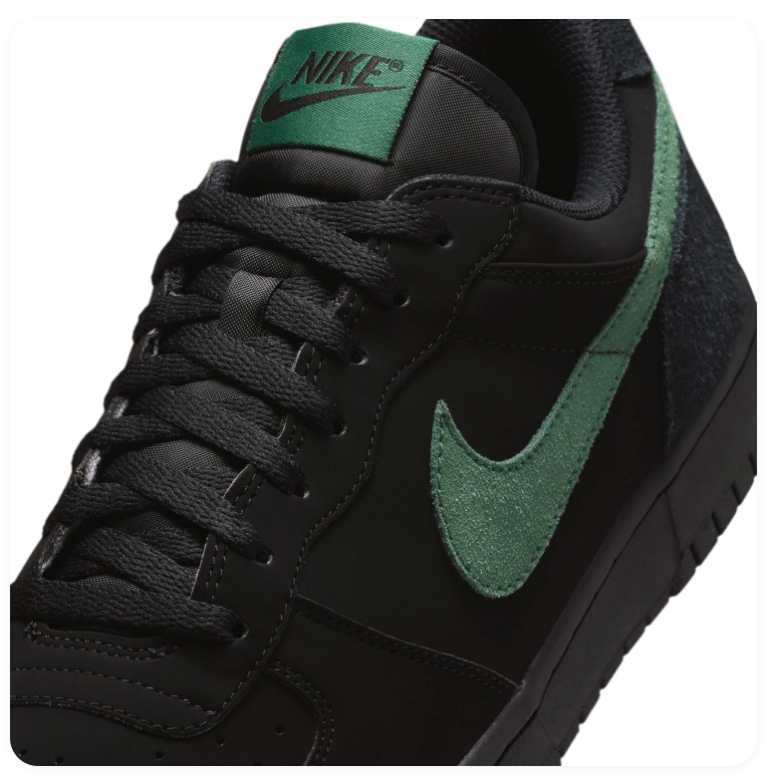 Nike Dunk Low 'Black & Green Noise' All-Black Suede & Gorge Green Swoosh Dark Street Retro Sneakers