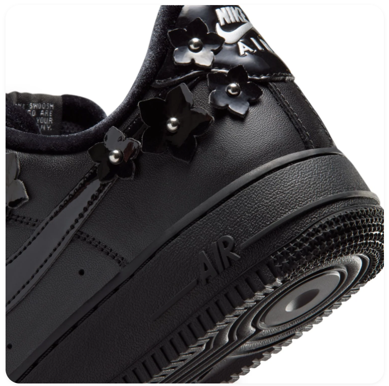 Nike Air Force 1 Low '07 'Black Floral' Triple Black Leather, 3D Metal Floral Studs & Hardware Buckle Dark Romance AF1 Sneakers