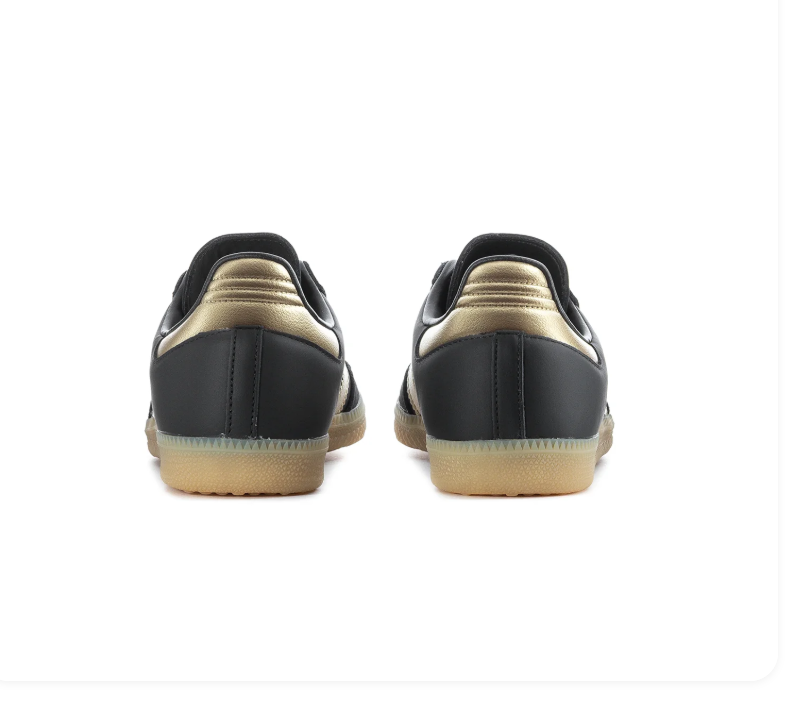 Adidas Samba OG 'Core Black & Gold Metallic' All-Black Leather, Black Suede Toe Cap, Gold Metallic 3-Stripes, Gold Heel Tab, Gold SAMBA Lettering, Blue OG Tongue Label & Gum Outsole Luxe Retro Football Lifestyle Sneakers