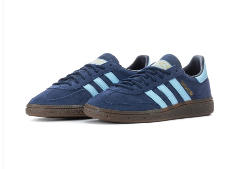 Adidas Handball Spezial 'Navy & Halo Blue' Navy Suede Upper, Ice Blue 3-Stripes & Collar, Navy Flat Laces, Gold SPEZIAL Lettering & Gold Trefoil & Gum Rubber Outsole Tonal Heritage Handball Lifestyle Sneakers