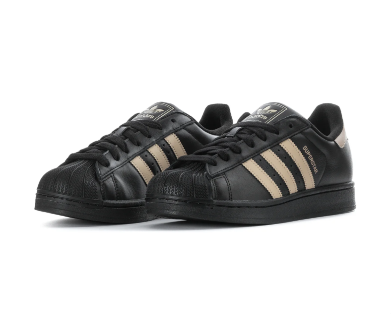 Adidas Superstar 'Core Black & Sand Strata' Black Leather Upper, Sand Strata 3-Stripes & Heel Tab, Black Shell Toe, Black Round Laces & Black Rubber Outsole Tonal Urban Heritage Lifestyle Sneakers
