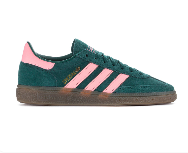 Adidas Handball Spezial 'Collegiate Green & Light Pink' Green Suede Upper, Pink 3-Stripes & Heel Collar, Green Flat Laces, Gold SPEZIAL Lettering & Gum Rubber Outsole Bold Contrast Heritage Handball Lifestyle Sneakers
