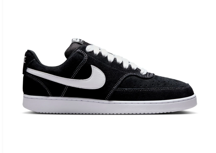 Nike Court Vision Low 'Black & White' All-Black Perforated Suede, White Swoosh & Contrast Stitch Court Sneakers