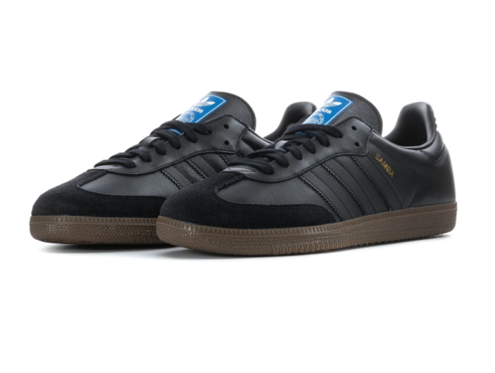 Adidas Samba OG 'Triple Black' All-Black Leather, Black Suede Toe Cap, Tonal Black 3-Stripes, Black Heel Tab, Blue OG Tongue Label & Gum Outsole Stealth Minimal Retro Football Lifestyle Sneakers