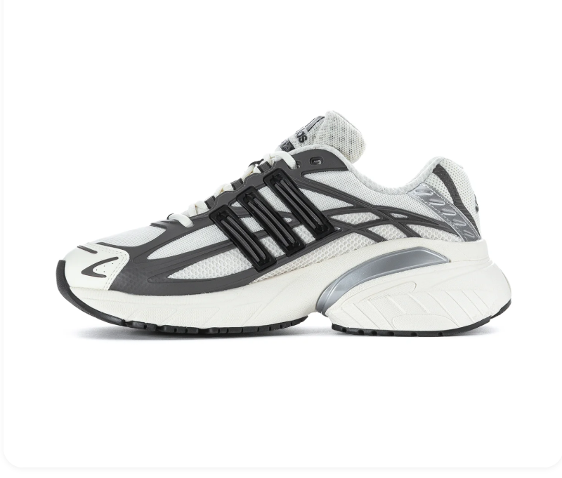 Adidas Adistar Cushion 'Cloud White & Grey Four' White Mesh Upper, Grey TPU Exoskeleton Frame, Black 3D 3-Stripes, Silver Metallic Accents & Chunky Off-White EVA Midsole Clean Y2K Retro Running Lifestyle Sneakers