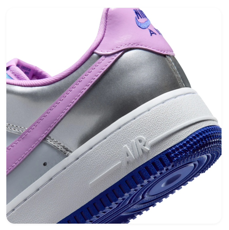 Nike Air Force 1 Low '07 SE 'Metallic Silver & Violet Frost' Mirror Metallic Leather, Lilac Swoosh, Aqua Laces & Hyper Blue Outsole Women's AF1 Sneakers