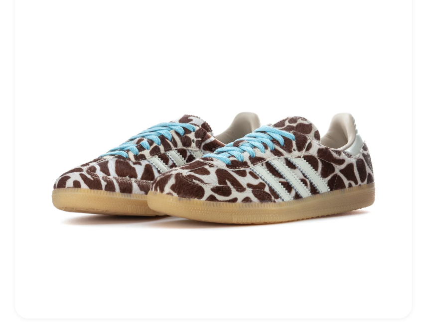 Adidas Handball Spezial 'Giraffe' Brown & Cream Giraffe Print Pony Hair Upper, White 3-Stripes, Turquoise Round Laces, Silver Heel Counter & Gum Rubber Outsole Wild Animal Print Heritage Handball Lifestyle Sneakers