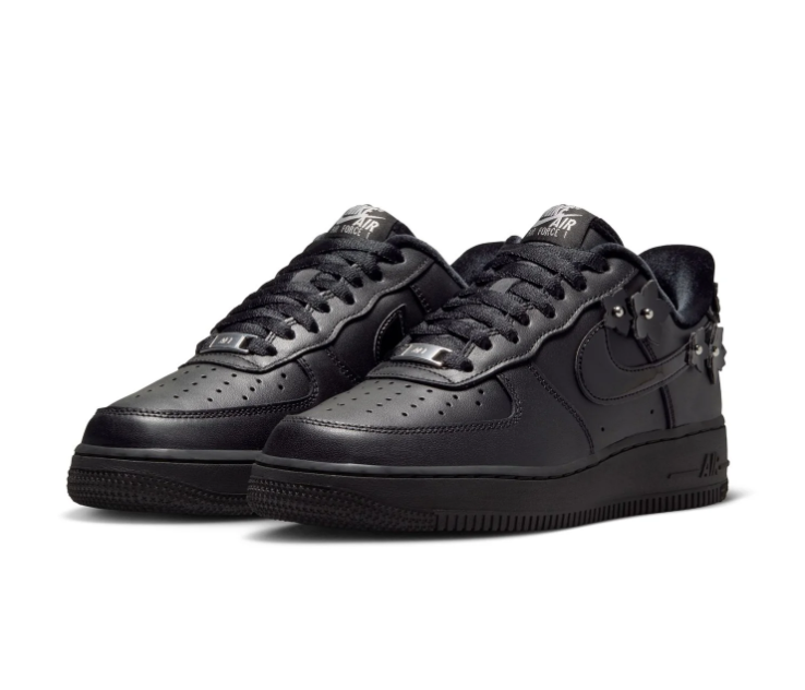 Nike Air Force 1 Low '07 'Black Floral' Triple Black Leather, 3D Metal Floral Studs & Hardware Buckle Dark Romance AF1 Sneakers