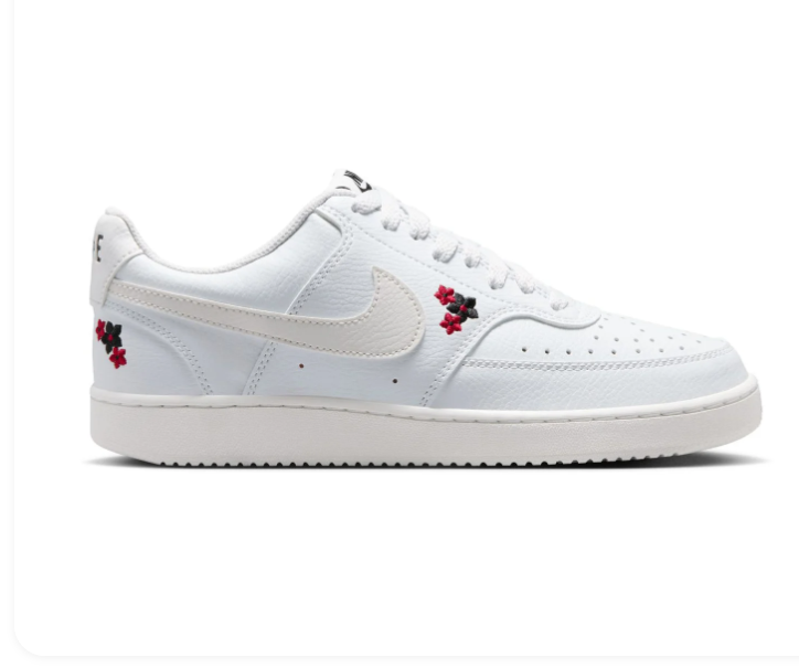 Nike Court Vision Low 'White & Floral' All-White Leather, Red & Black Flower Embroidery, White Swoosh & Clean Outsole Romantic Women's Court Sneakers