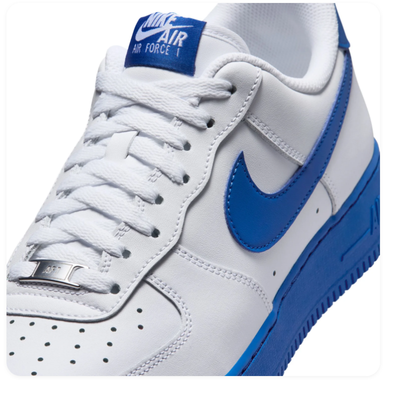 Nike Air Force 1 Low '07 'White & Game Royal' White Leather, Game Royal Swoosh & Bold Blue Outsole Collegiate AF1 Sneakers