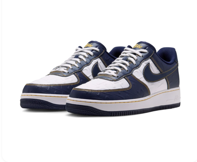 Nike Air Force 1 Low '07 'Midnight Navy & White' Navy Croc-Embossed Leather, White Panel, Gold Contrast Stitching, Navy Swoosh & Navy Outsole Premium Collegiate Sneakers
