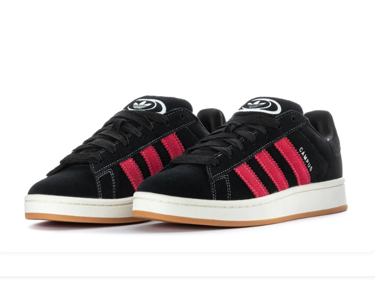 Adidas Campus 00s 'Black & Better Scarlet' All-Black Suede, Red Suede 3-Stripes, White CAMPUS Embroidery, Oval Trefoil Tongue Badge, Off-White Midsole & Gum Outsole Bold Y2K Collegiate Lifestyle Sneakers