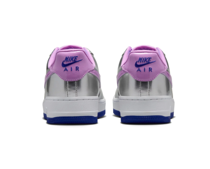 Nike Air Force 1 Low '07 SE 'Metallic Silver & Violet Frost' Mirror Metallic Leather, Lilac Swoosh, Aqua Laces & Hyper Blue Outsole Women's AF1 Sneakers