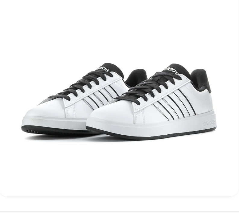 Adidas Grand Court 2.0 'Cloud White & Core Black' White Leather Upper, Black 3-Stripes, Black Round Laces, Black Collar, White adidas Heel Lettering, Clean White Midsole & Black Rubber Outsole Classic Tennis-Inspired Everyday Lifestyle Sneakers