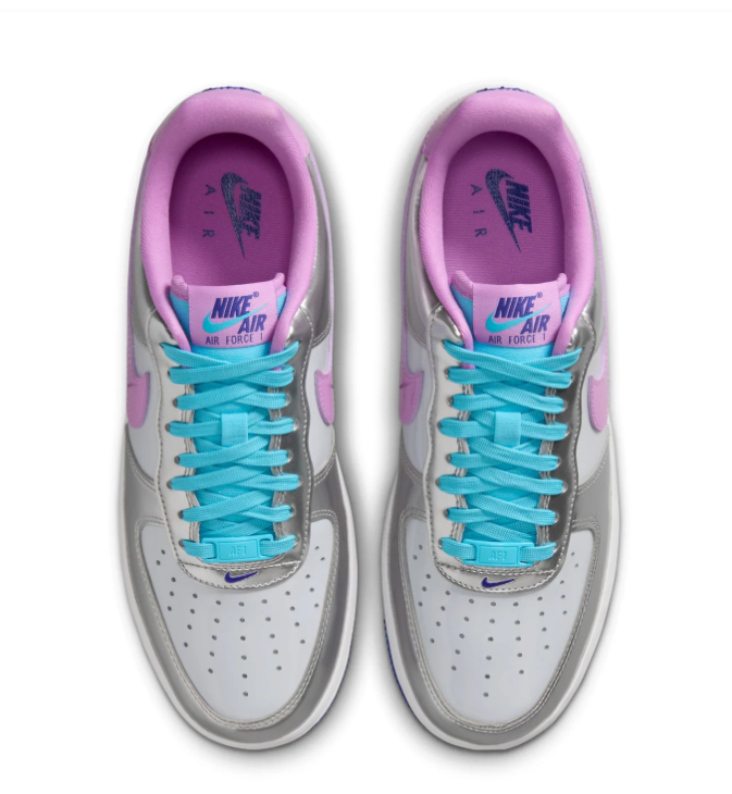 Nike Air Force 1 Low '07 SE 'Metallic Silver & Violet Frost' Mirror Metallic Leather, Lilac Swoosh, Aqua Laces & Hyper Blue Outsole Women's AF1 Sneakers