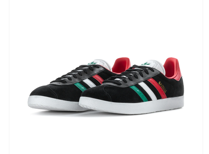 Adidas Gazelle 'Italy Tricolore' Core Black Suede Upper, Tri-Color Red-White-Green 3-Stripes, Red Leather Heel Collar, White Laces, Gold GAZELLE Lettering, Green Trefoil Tongue & White EVA Midsole Heritage Football Nation Lifestyle Sneakers