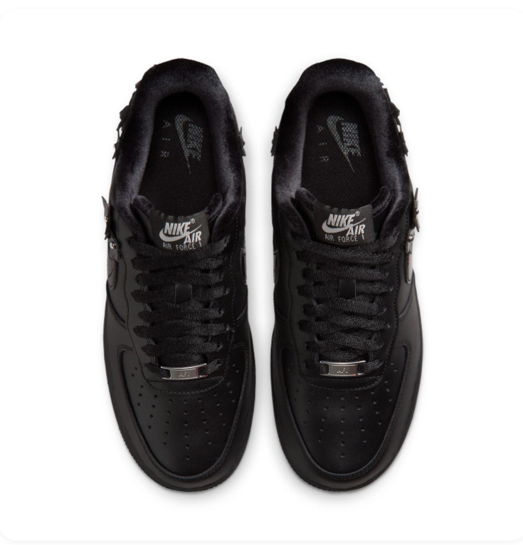 Nike Air Force 1 Low '07 'Black Floral' Triple Black Leather, 3D Metal Floral Studs & Hardware Buckle Dark Romance AF1 Sneakers