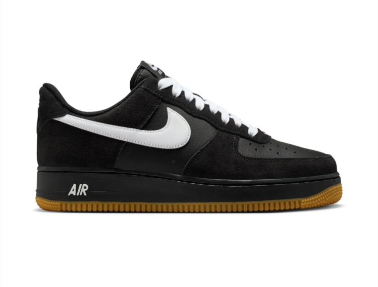 Nike Air Force 1 Low '07 'Black, White & Gum' All-Black Leather, White Swoosh & Gum Rubber Outsole Sneakers