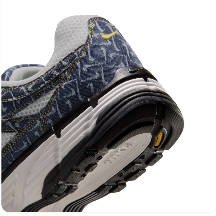 Nike P-6000 'Navy & University Gold' All-Over Swoosh Monogram Print, Gold Outlined Swoosh & White Midsole Retro Y2K Running Sneakers