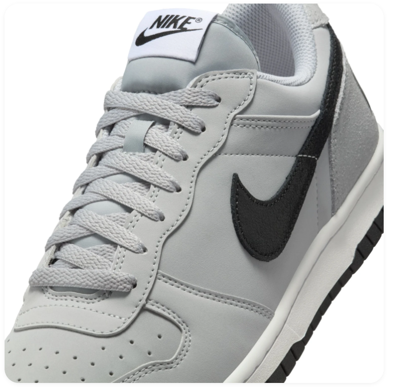 Nike Dunk Low 'Wolf Grey & Black' Wolf Grey Leather, Black Swoosh & Oversized NIKE Text Graphic Streetwear Sneakers