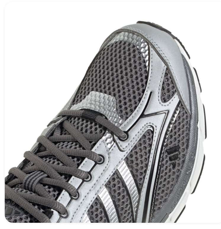 Adidas Spiritain 2000 'Grey & Silver' Charcoal Hex Mesh, Silver Metallic Overlays, Dark Grey 3-Stripes, Black Heel Guard & Off-White Chunky Midsole Y2K Retro Running Lifestyle Sneakers