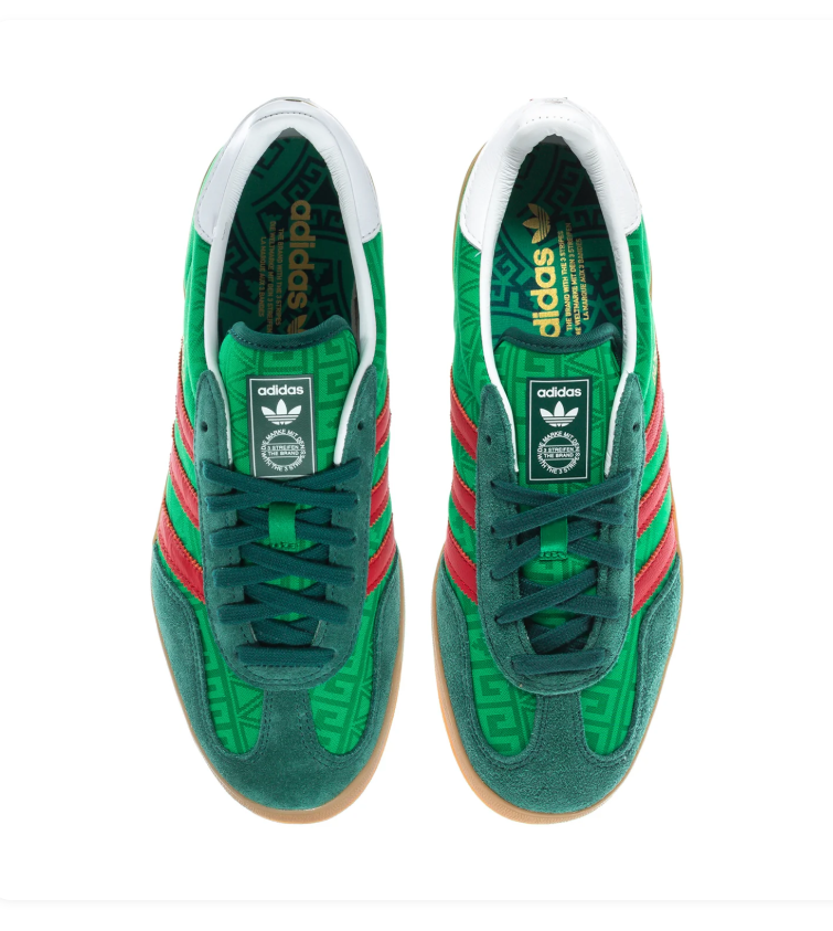 Adidas Gazelle Indoor × Gucci 'Collegiate Green & Scarlet Red' GG Monogram Embossed Bi-Tone Green Leather Upper, Red 3-Stripes, White Collar, Black Square Tongue Label, Gold adidas Insole & Translucent Gum Outsole Luxury Collab Heritage Sneakers