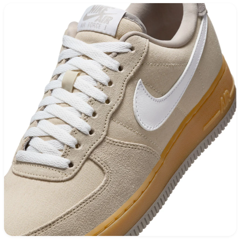 Nike Air Force 1 Low '07 'Sanddrift & Pale Ivory' Mixed Suede Canvas, White Swoosh & Team Gold Gum Midsole Earthy Toned Classic AF1 Sneakers