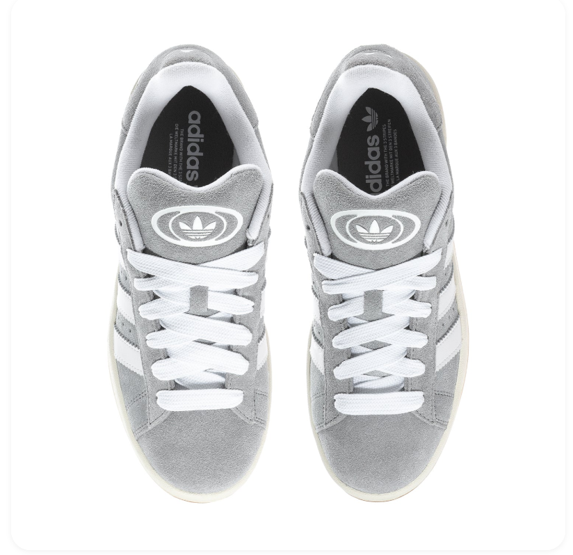Adidas Campus 00s 'Grey & Cloud White' Light Grey Suede, White 3-Stripes, Oval Trefoil Tongue Badge, Off-White Midsole & Gum Outsole Retro Y2K Collegiate Lifestyle Sneakers