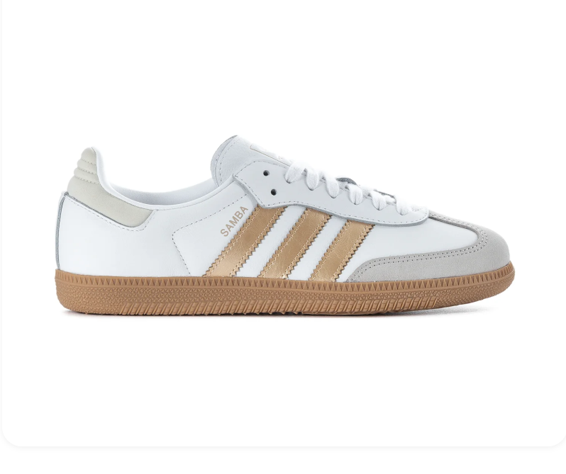 Adidas Samba OG 'Cloud White & Gold Metallic' White Leather, Clear Granite Suede Toe Cap, Gold Metallic 3-Stripes, White Heel Tab, Blue OG Tongue Label & Gum Outsole Elegant Luxe Retro Football Lifestyle Sneakers