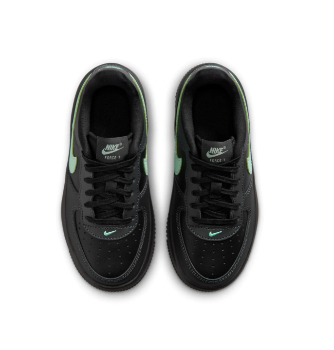 Nike Air Force 1 Low (GS) 'Black & Jade Smoke' All-Black Leather, Jade Smoke Swoosh & Tonal Triple Black AF1 Kids Youth Sneakers