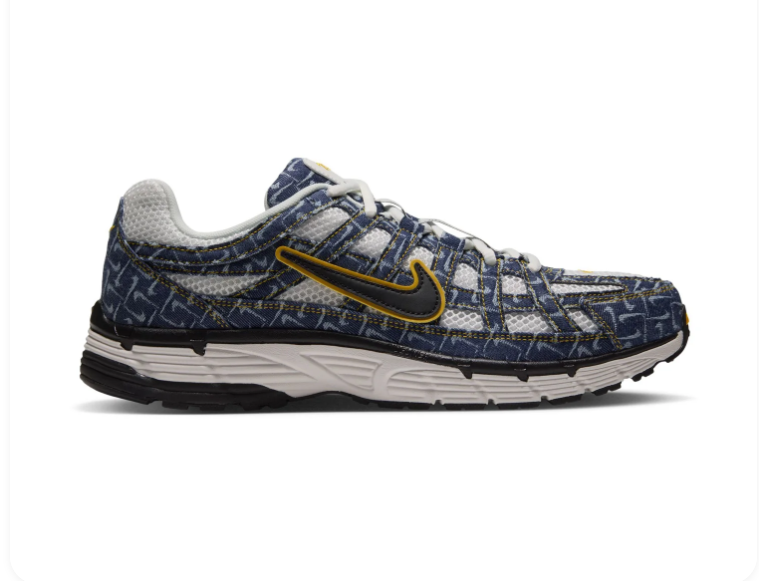 Nike P-6000 'Navy & University Gold' All-Over Swoosh Monogram Print, Gold Outlined Swoosh & White Midsole Retro Y2K Running Sneakers
