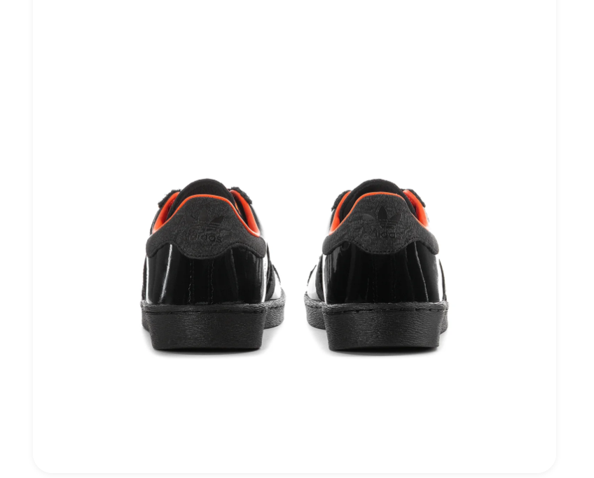 Adidas Superstar 'Triple Black & Orange' All-Black Patent Leather, Tonal Black 3-Stripes, Orange Collar Lining & Trefoil Heel Tab, Full Black Midsole Outsole Bold Streetwear Sneakers