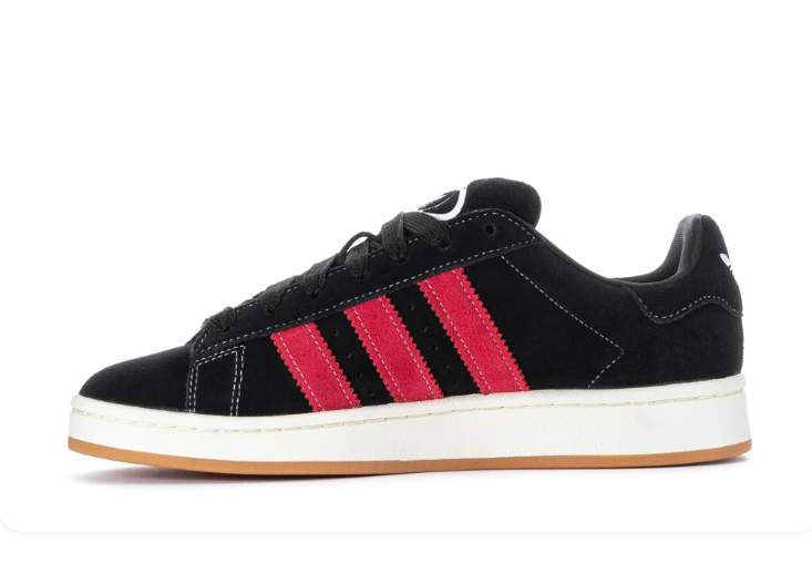 Adidas Campus 00s 'Core Black & Better Scarlet' Black Suede, Scarlet Red 3-Stripes, White Contrast Stitching, Oval Trefoil Badge, CAMPUS Lettering, White Trefoil Heel Tab, Cream Midsole & Gum Outsole Bold Y2K Street Style Sneakers