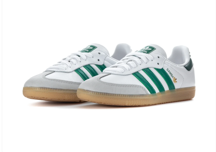 Adidas Samba OG 'Cloud White & Collegiate Green' White Leather Upper, Green 3-Stripes, Grey Suede T-Toe Overlay, Green Heel Patch, Gold SAMBA Lettering & Gum Rubber Outsole Iconic Indoor Football Heritage Lifestyle Sneakers