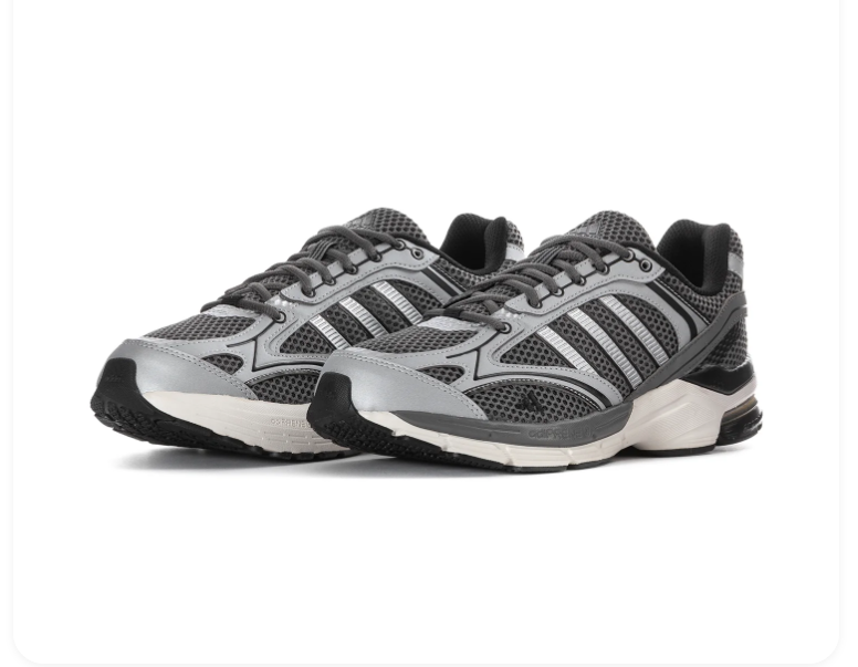 Adidas Spiritain 2000 'Grey & Silver' Charcoal Hex Mesh, Silver Metallic Overlays, Dark Grey 3-Stripes, Black Heel Guard & Off-White Chunky Midsole Y2K Retro Running Lifestyle Sneakers