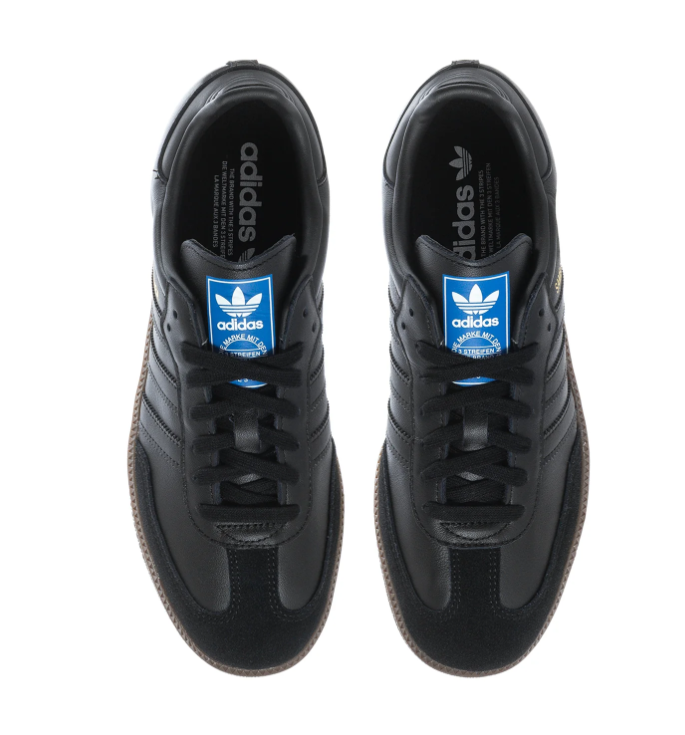 Adidas Samba OG 'Triple Black' All-Black Leather, Black Suede Toe Cap, Tonal Black 3-Stripes, Black Heel Tab, Blue OG Tongue Label & Gum Outsole Stealth Minimal Retro Football Lifestyle Sneakers
