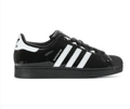 Adidas Superstar 'Core Black Patent' Glossy Black Patent Leather Upper, White 3-Stripes, Black Shell Toe, Black Flat Laces, White Heel Branding & Black Cupsole Midsole High-Gloss Luxe Retro Basketball Lifestyle Sneakers