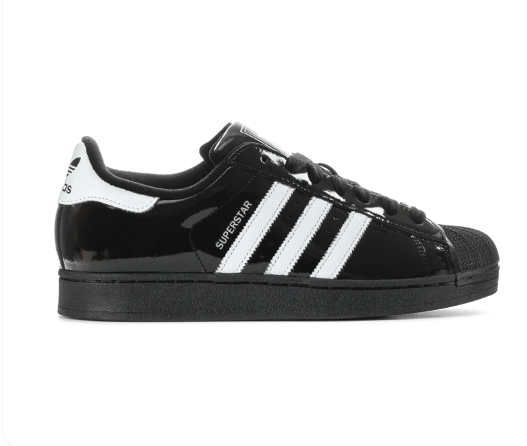 Adidas Superstar 'Core Black Patent' Glossy Black Patent Leather Upper, White 3-Stripes, Black Shell Toe, Black Flat Laces, White Heel Branding & Black Cupsole Midsole High-Gloss Luxe Retro Basketball Lifestyle Sneakers