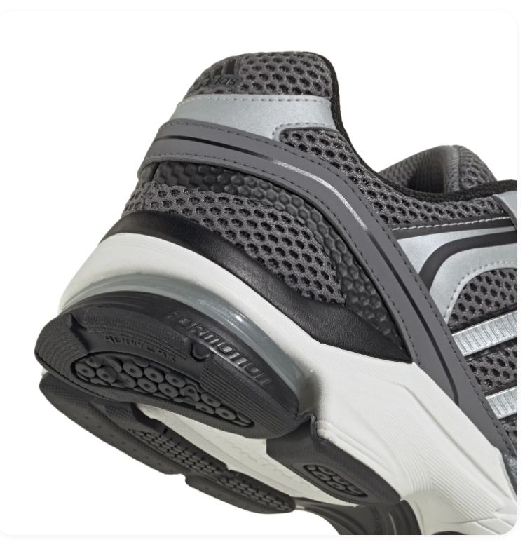 Adidas Spiritain 2000 'Grey & Silver' Charcoal Hex Mesh, Silver Metallic Overlays, Dark Grey 3-Stripes, Black Heel Guard & Off-White Chunky Midsole Y2K Retro Running Lifestyle Sneakers