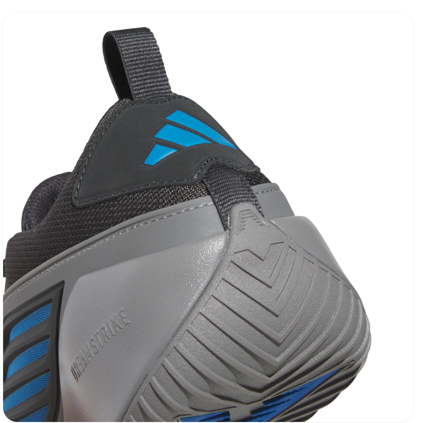 Adidas Own The Game 3 'Carbon & Bright Blue' Black Mesh Upper, Bright Blue 3-Stripes, Blue Trefoil Heel Branding, Grey Pull Tab, Chunky Grey OwnTheGame Midsole & Grey Rubber Outsole High-Performance Basketball Sneakers